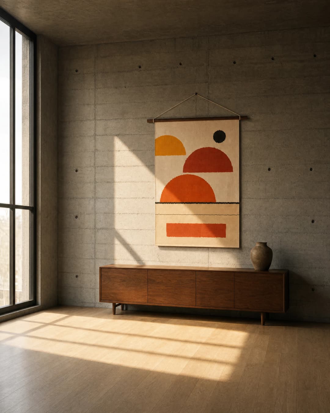 Solstice hanging on a board-marked concrete wall above a walnut credenza, in daylight from a tall window